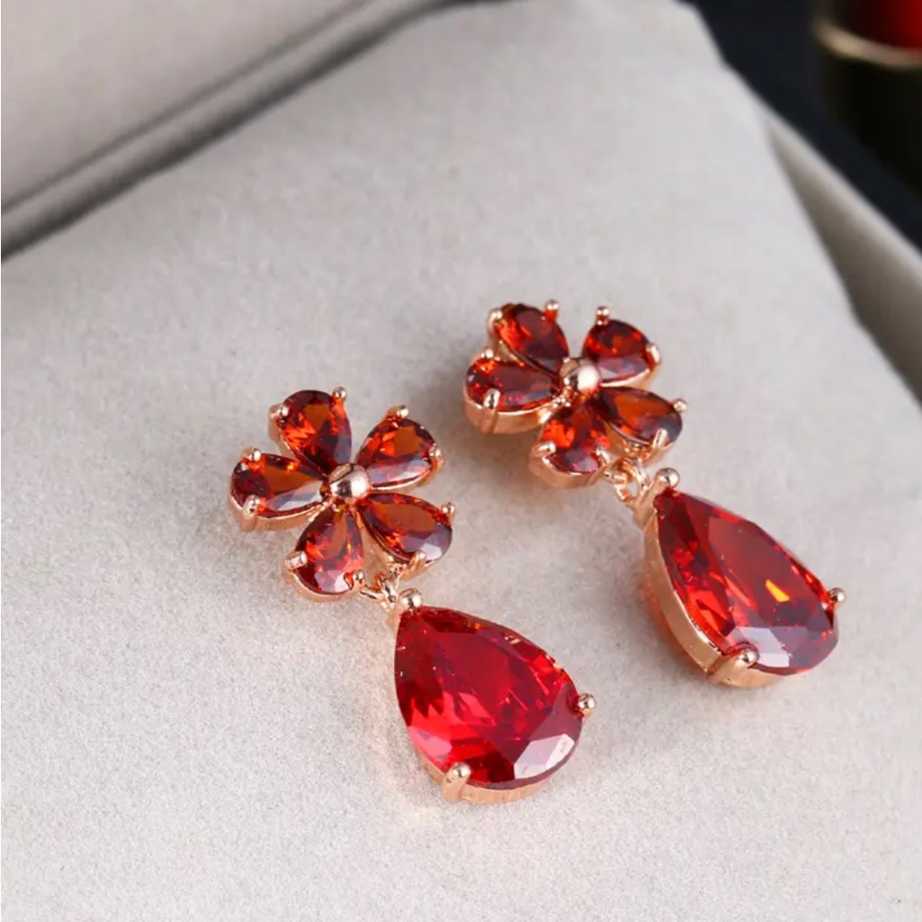 Red Crystal Floral Water Drop Dangle Earrings